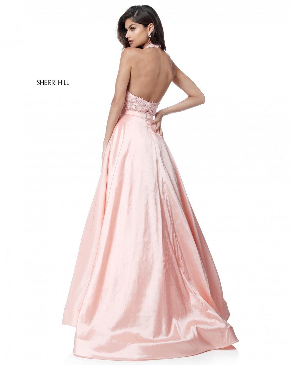 Sherri Hill Lace Appliqued Deep V Bodice With Taffeta Ball Gown Skirt