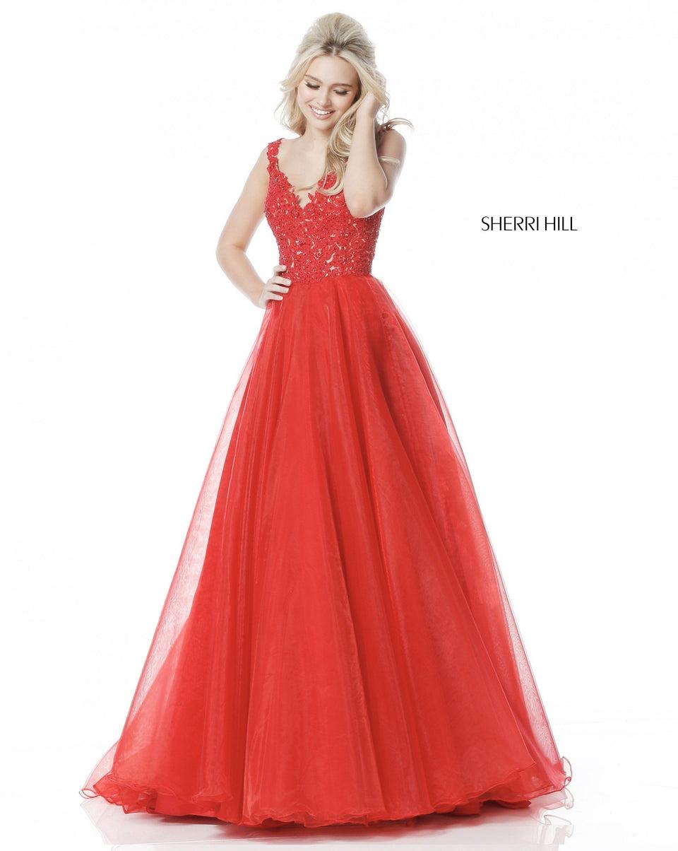 sherri hill Lace appliqued deep V bodice with taffeta ball gown skirt