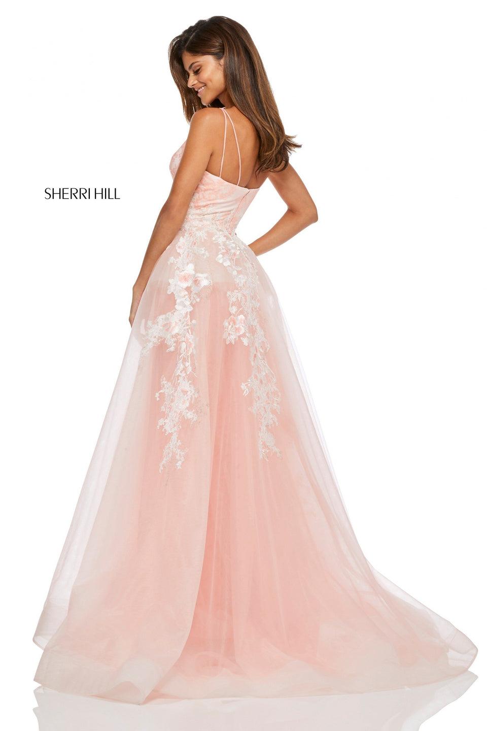Sherri Hill Lace Appliqued Dress With Sheer Lace Neckline Panel And Ball Gown Overskirt
