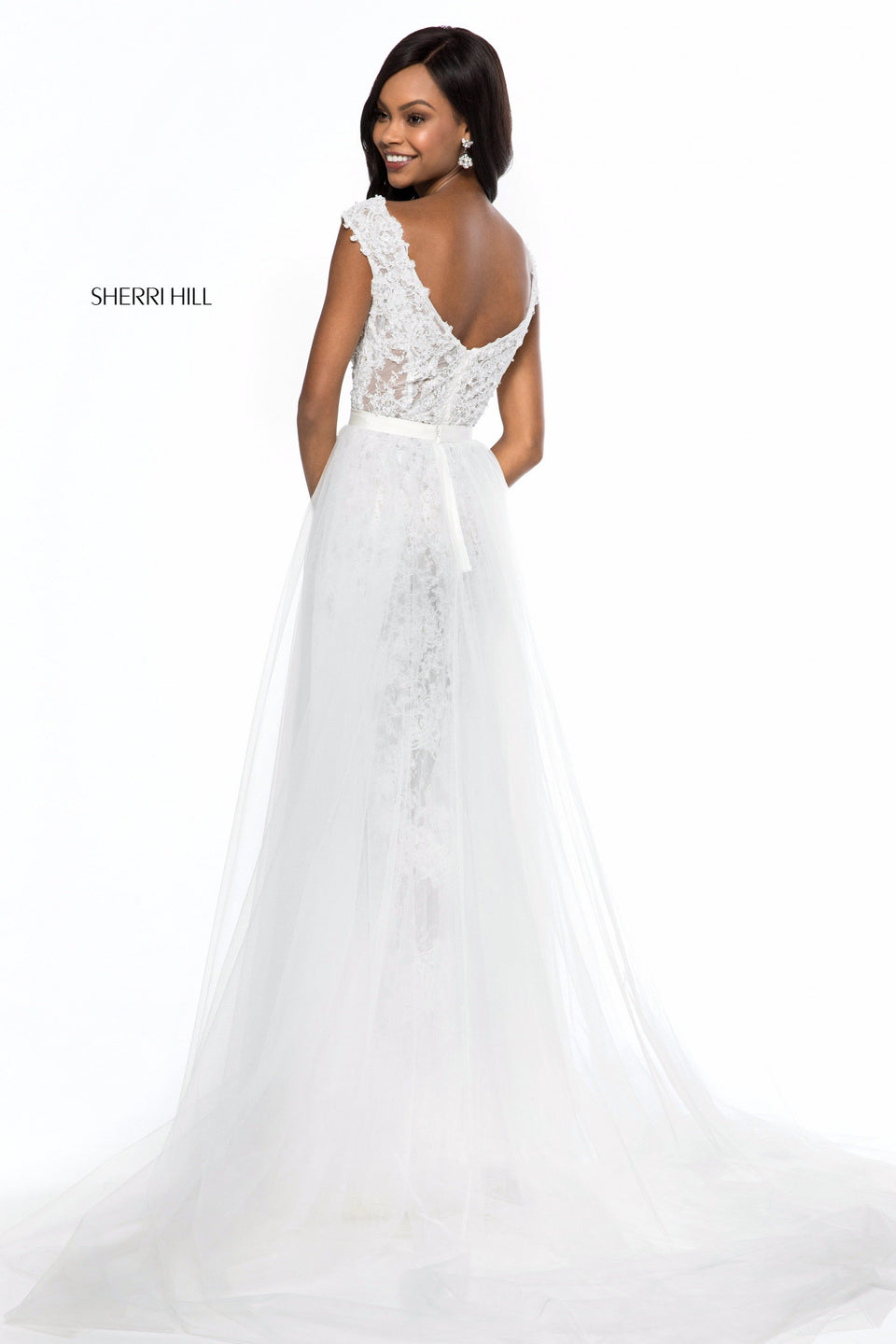 Sherri Hill Lace Appliqued Fitted Gown With Low Back And Tulle Overskirt