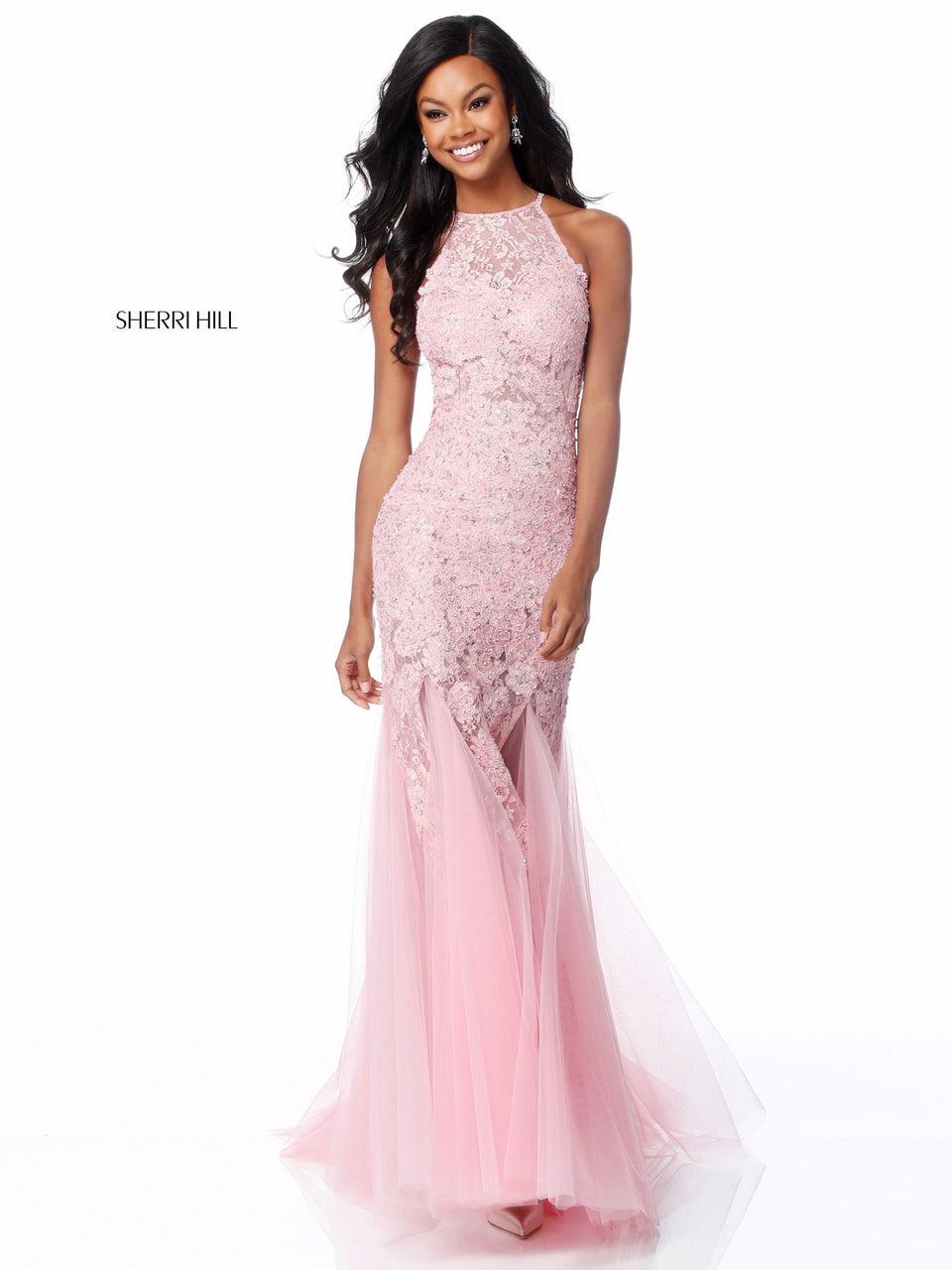Sherri Hill Lace Appliqued Gown With Cut Out Back And Tulle Skirt