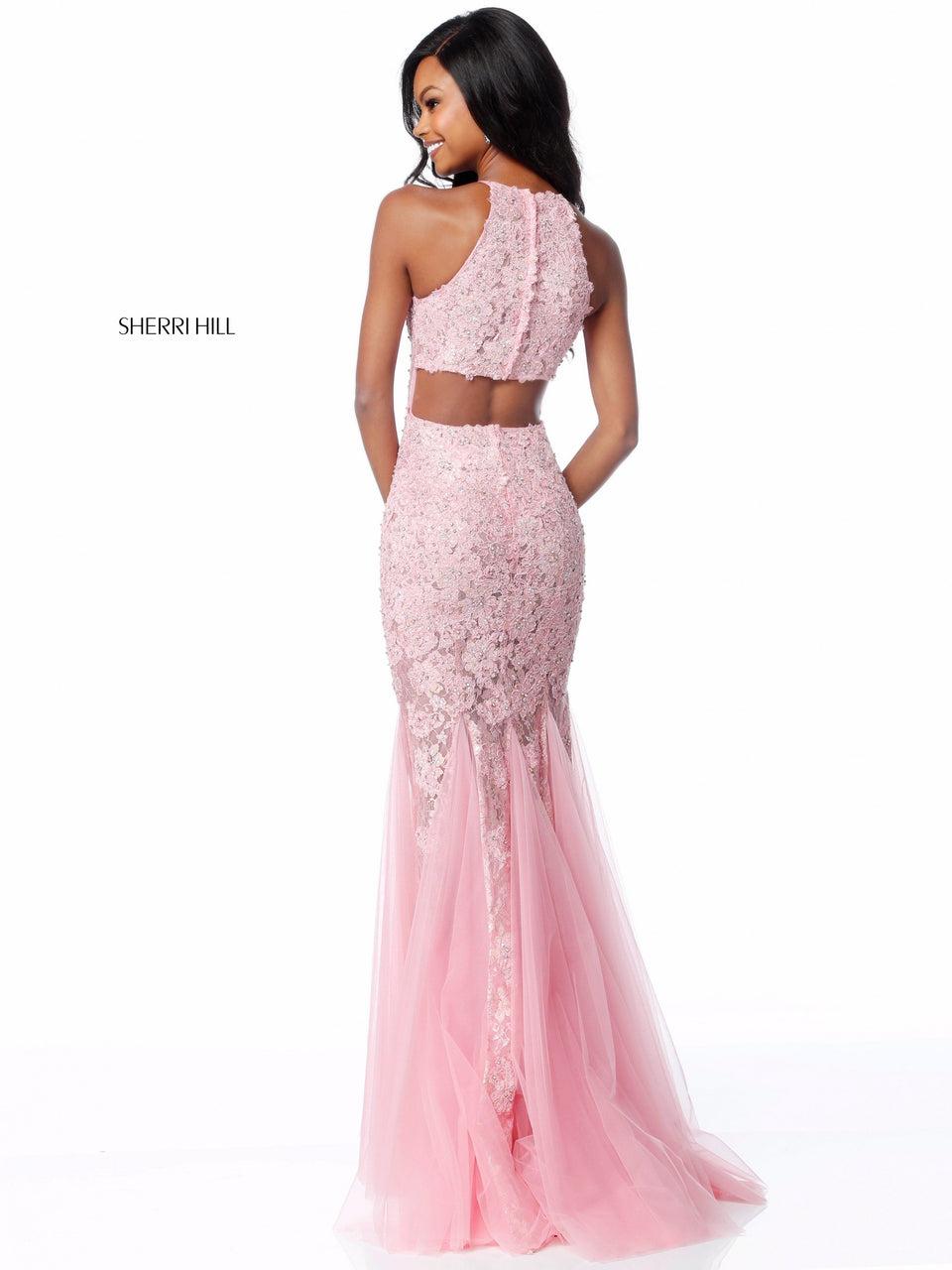 Sherri Hill Lace Appliqued Gown With Cut Out Back And Tulle Skirt