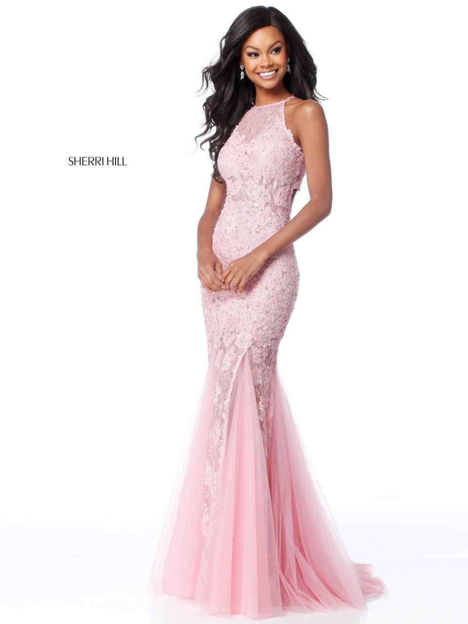 sherri hill Lace appliqued gown with cut out back and tulle skirt