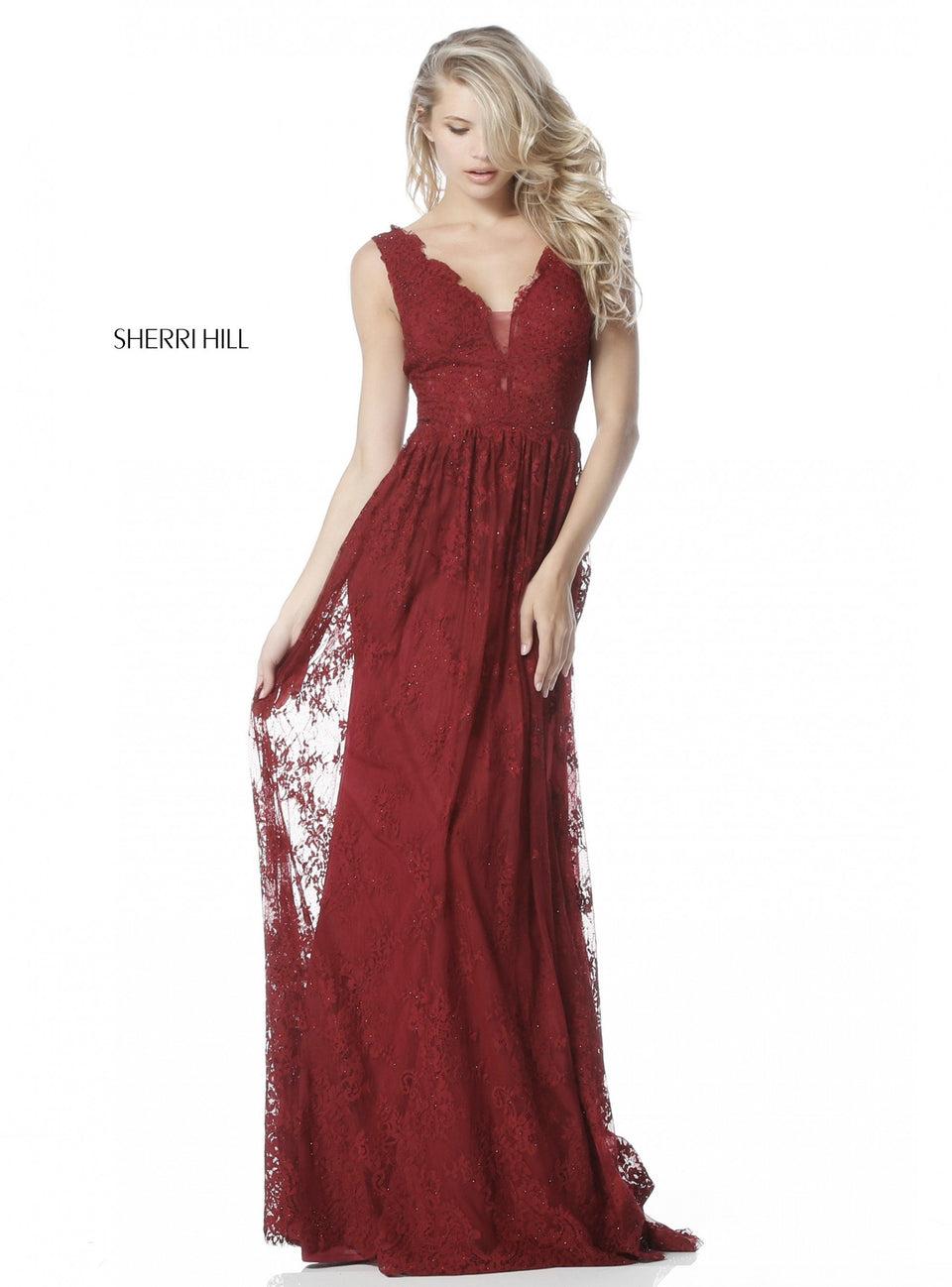 sherri hill Lace appliqued gown with V neck bodice and low back