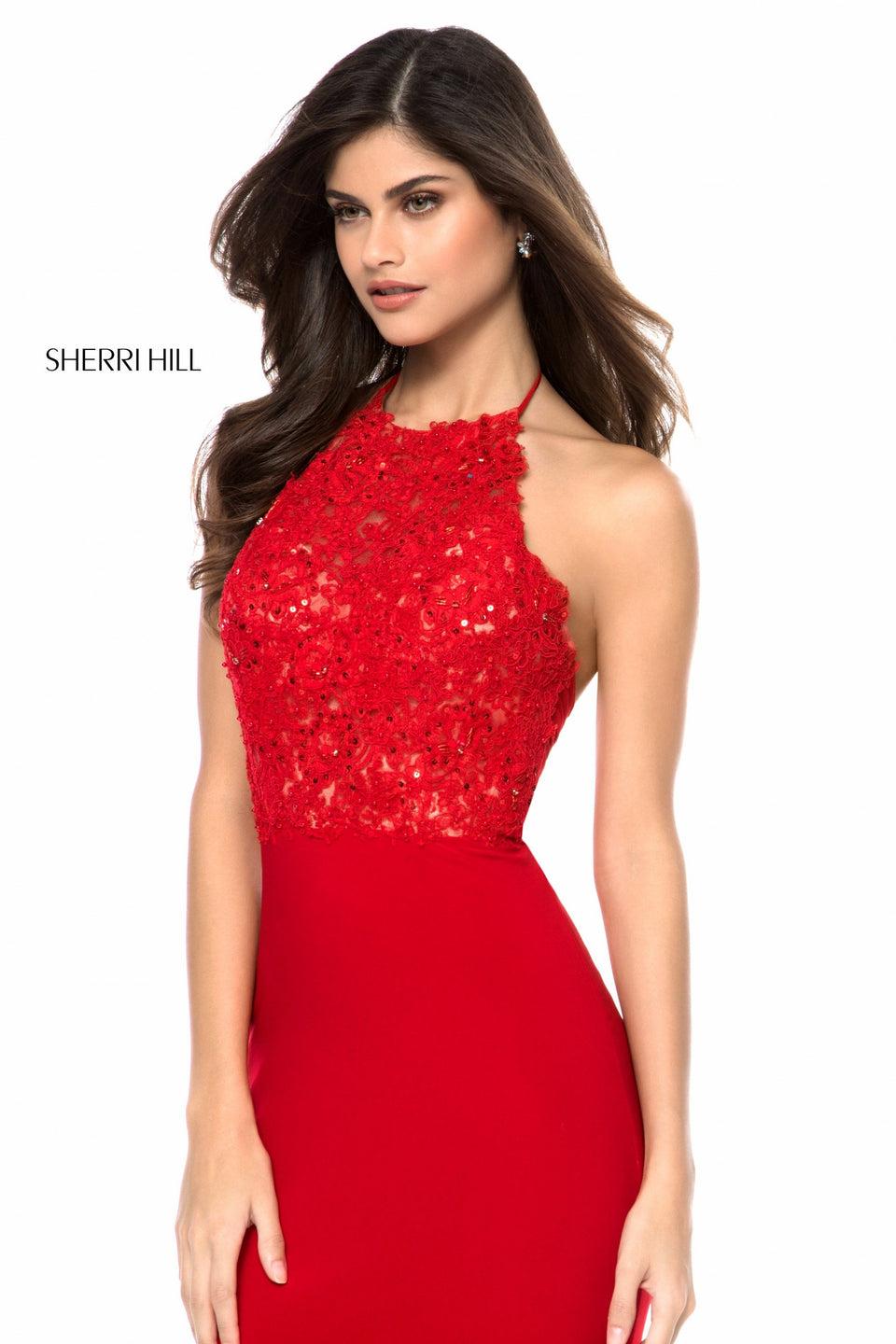 Sherri Hill Lace Appliqued Halter Bodice With Jersey Skirt