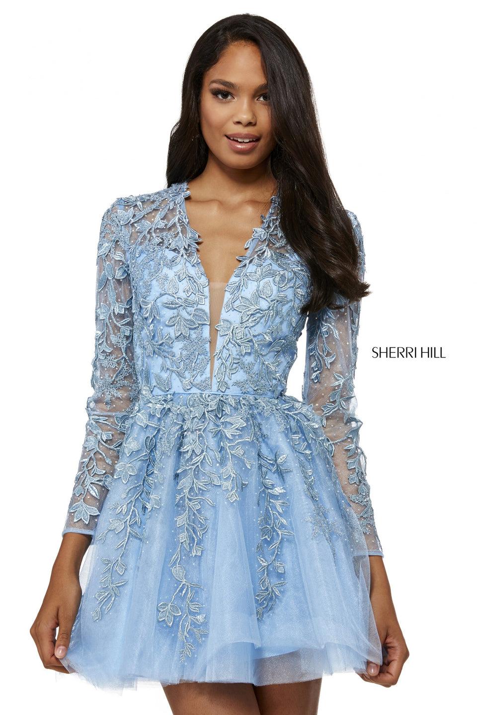 Sherri Hill Lace Appliqued Long Sleeve Cocktail With Deep V Bodice And Open Back