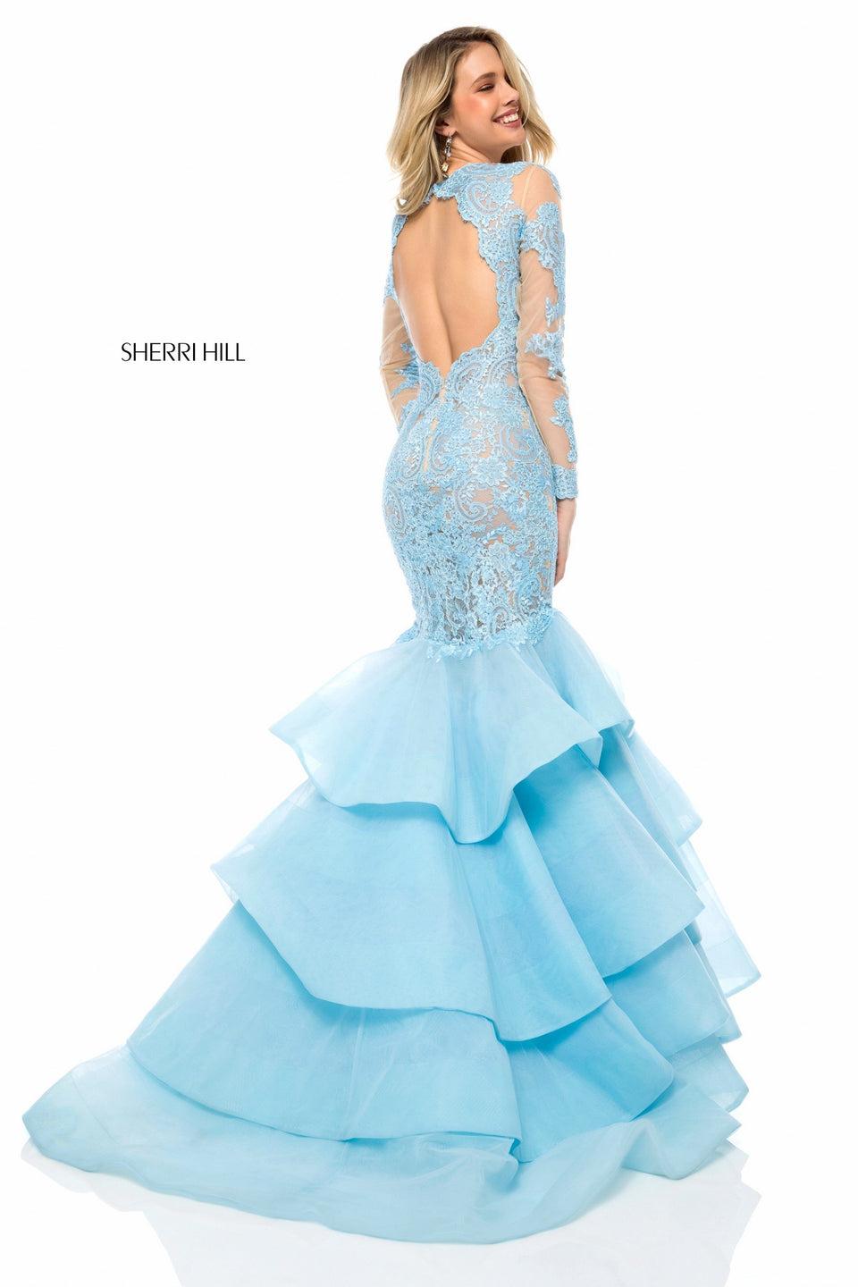 Sherri Hill Lace Appliqued Mermaid Gown With Longsleeve Bodice Keyhole Back And Tulle Ruffle Skirt