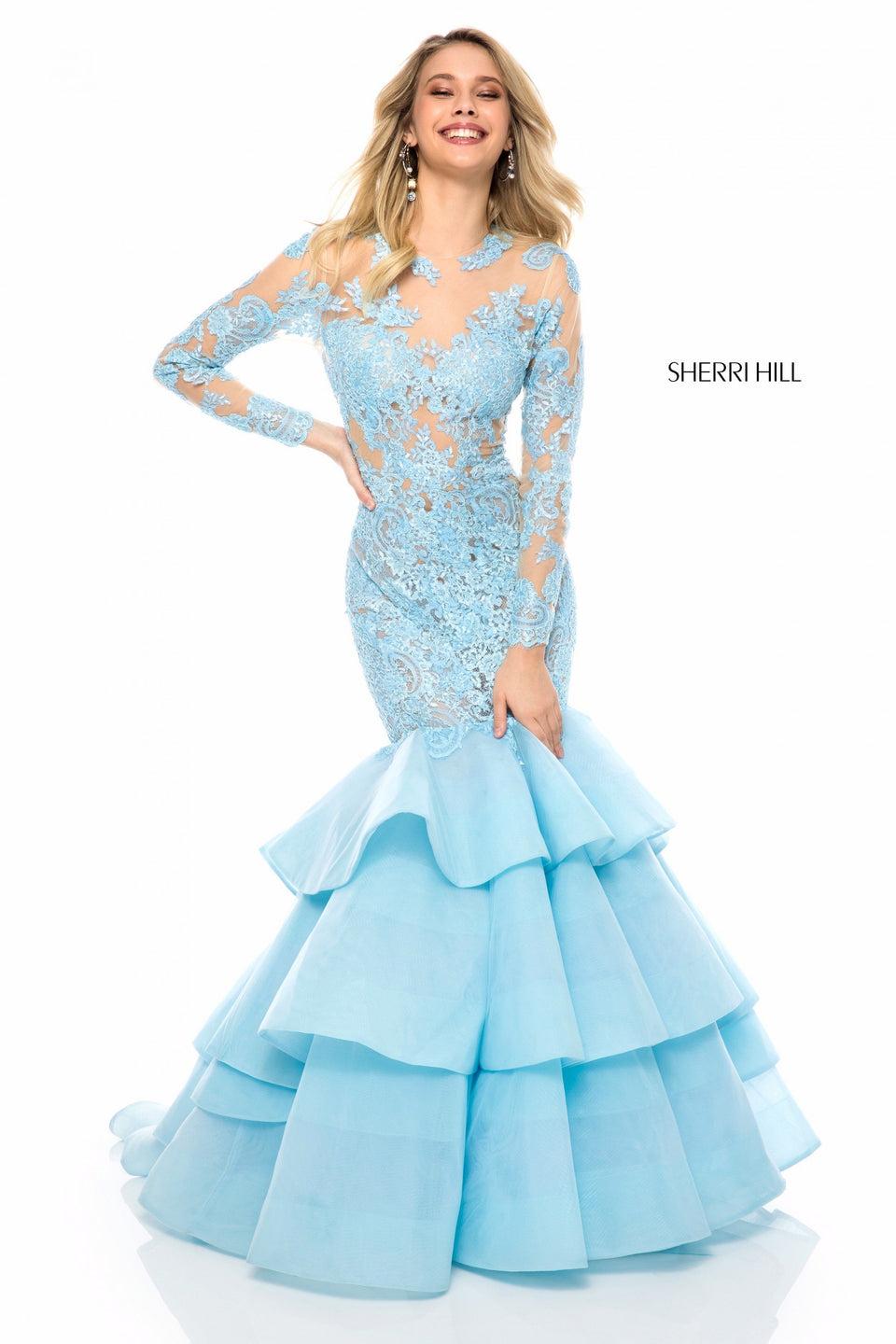 Sherri Hill Lace Appliqued Mermaid Gown With Longsleeve Bodice Keyhole Back And Tulle Ruffle Skirt