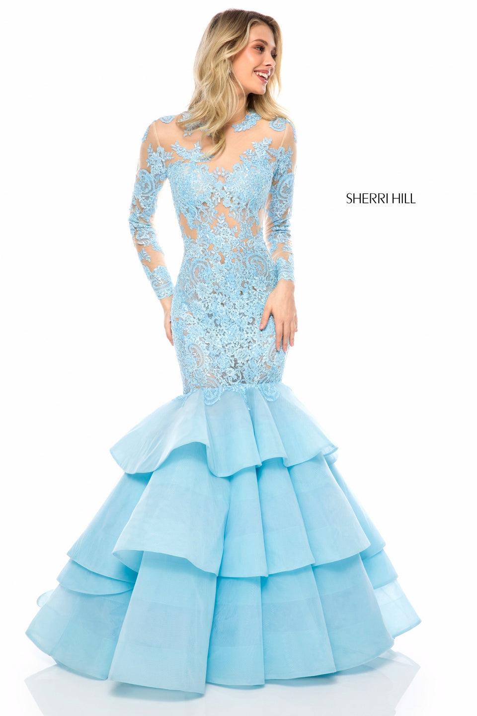 Sherri Hill Lace Appliqued Mermaid Gown With Longsleeve Bodice Keyhole Back And Tulle Ruffle Skirt