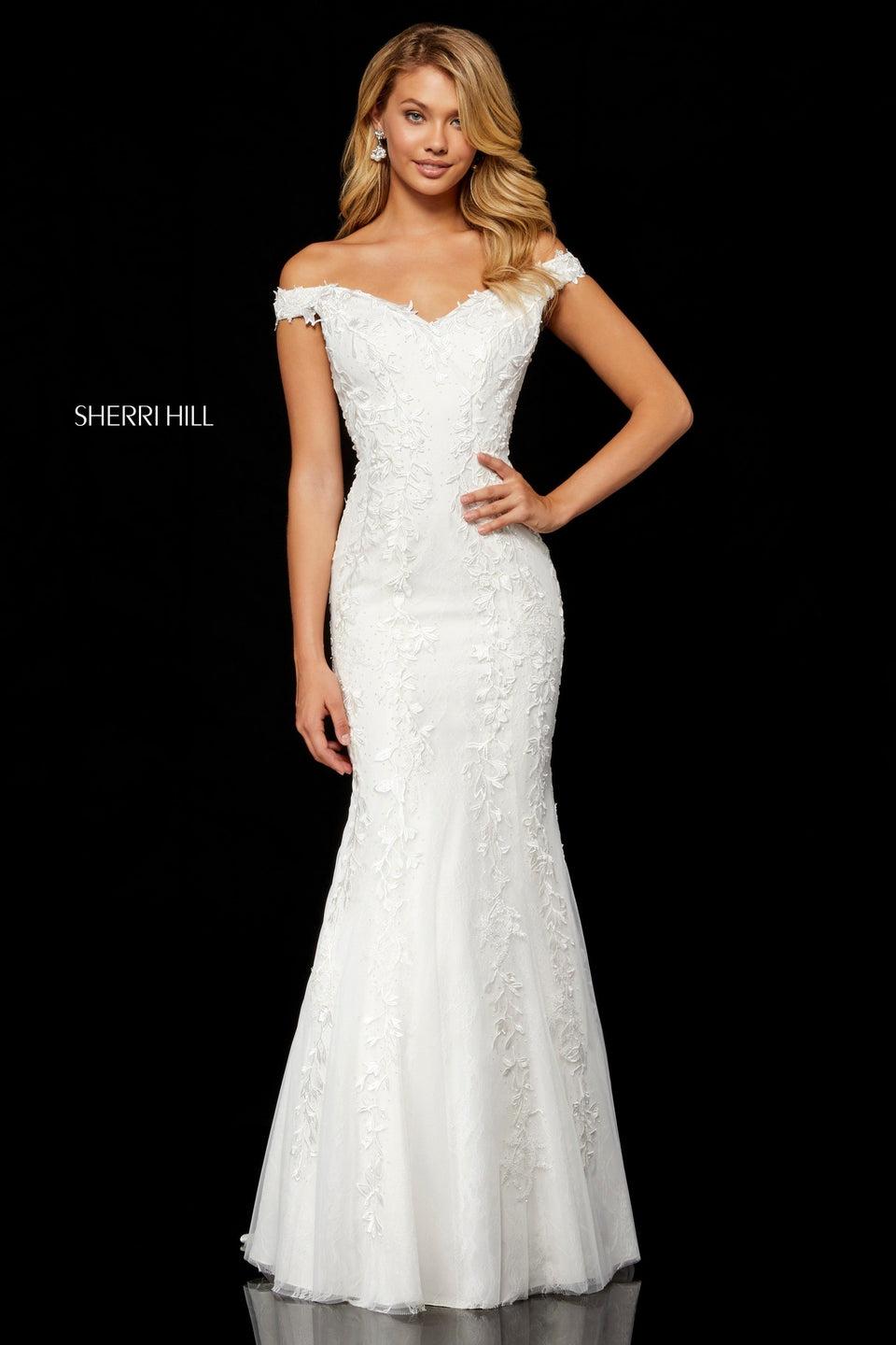 sherri hill Lace appliqued mermaid gown with off-shoulder bodice