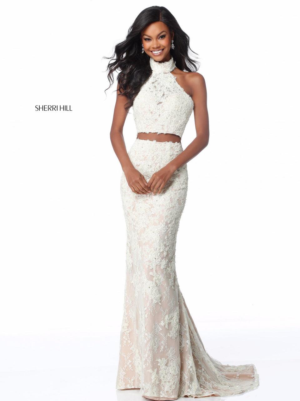 Sherri Hill Lace Appliqued Two Piece With High Neck Halter Bodice And Fitted Skirt