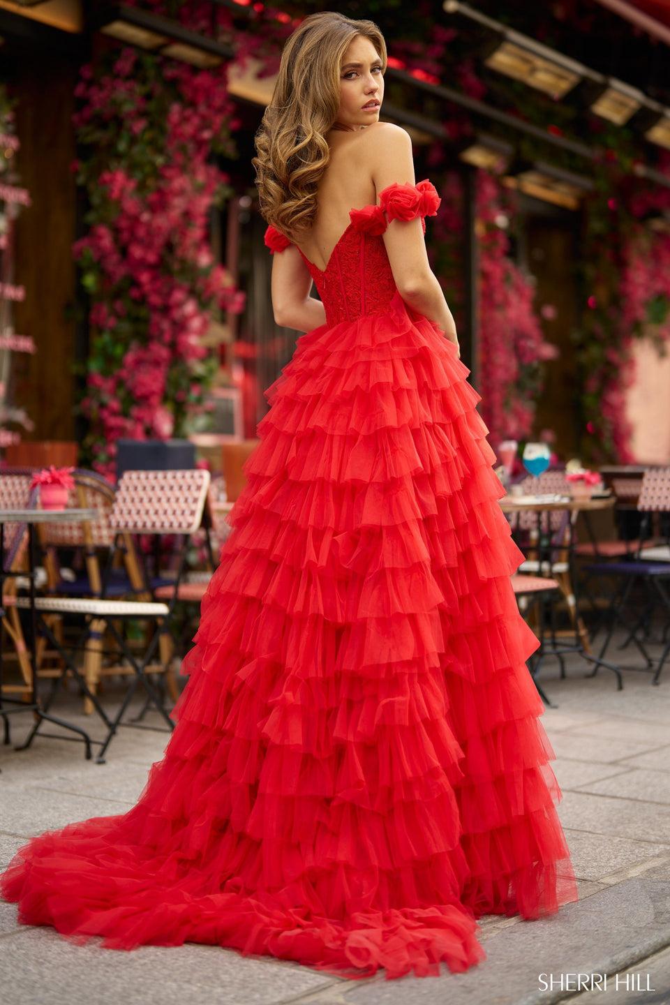 Sherri Hill Lace Ball Gown With 3D Flower Off The Shoulder And Tulle Ruffle Skirt Slit