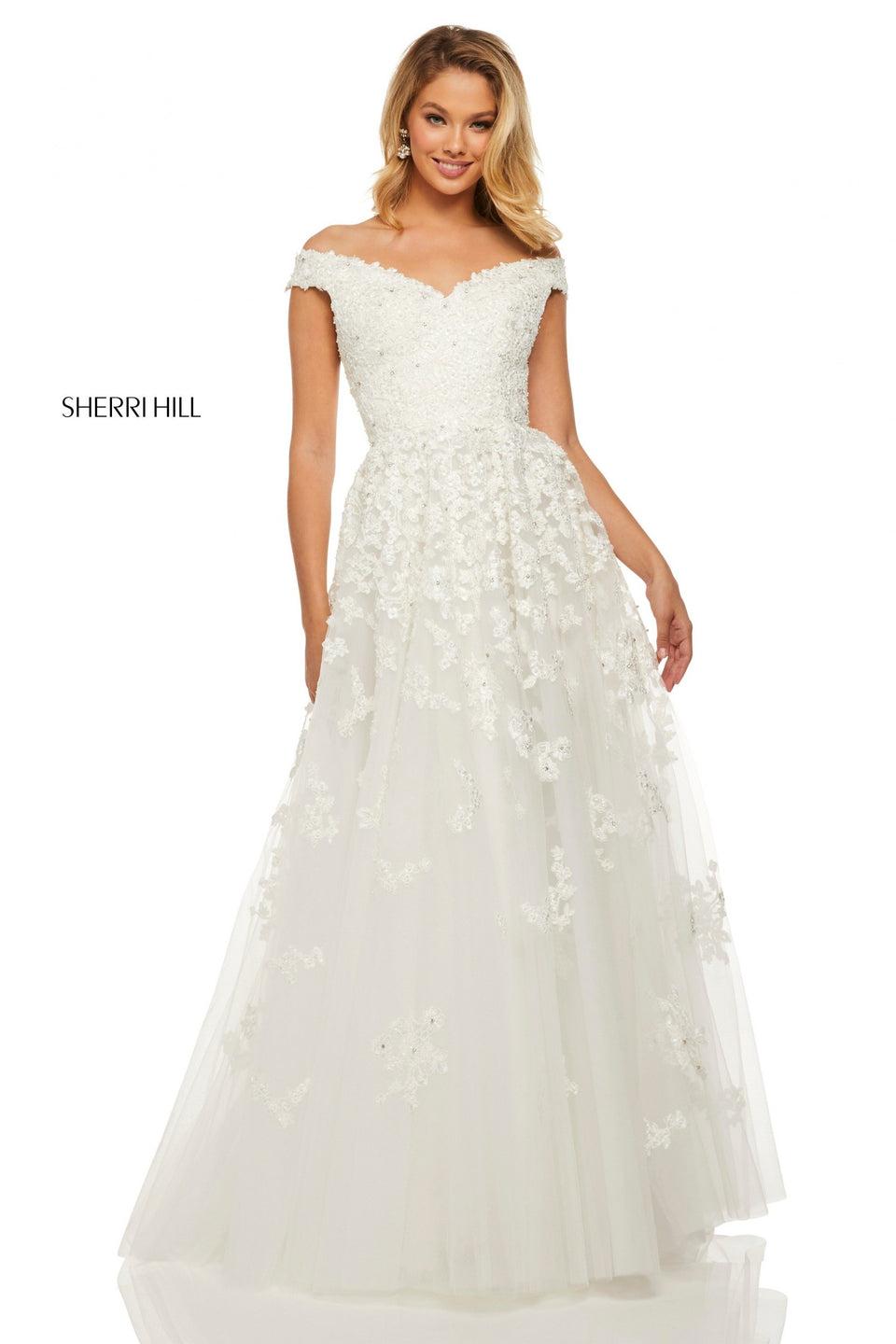 sherri hill Lace ball gown with an off-the-shoulder bodice and bow back