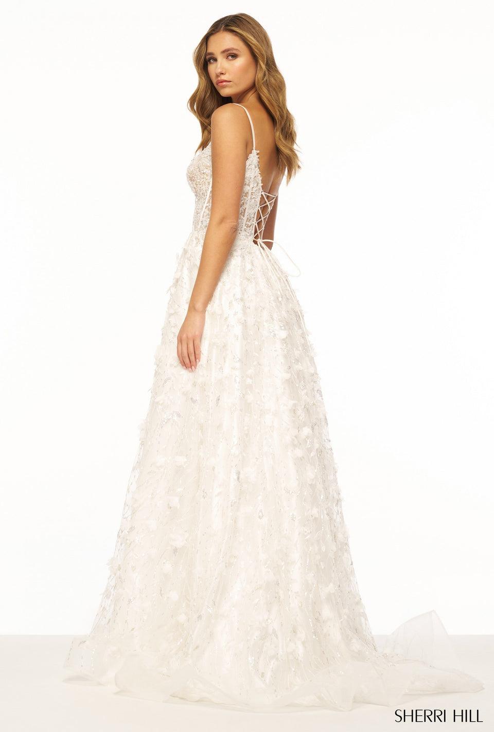 Sherri Hill Lace Ball Gown With Boned Bodice Corset Sheer Deep V Neckline And Lace Up Back