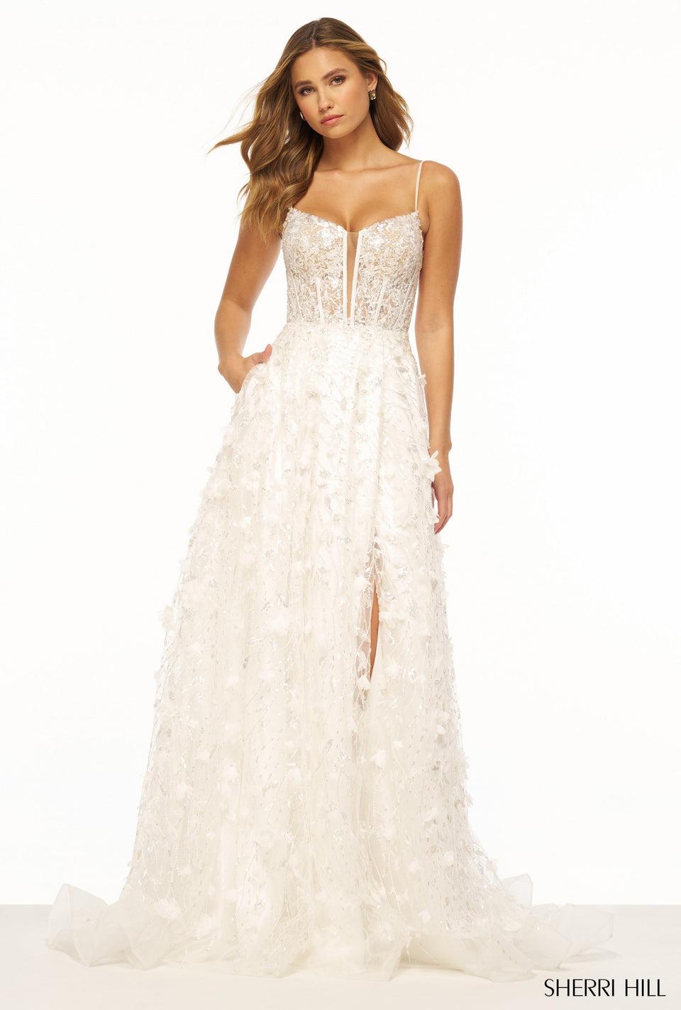 sherri hill Lace ball gown with boned bodice corset sheer deep V neckline and lace up back