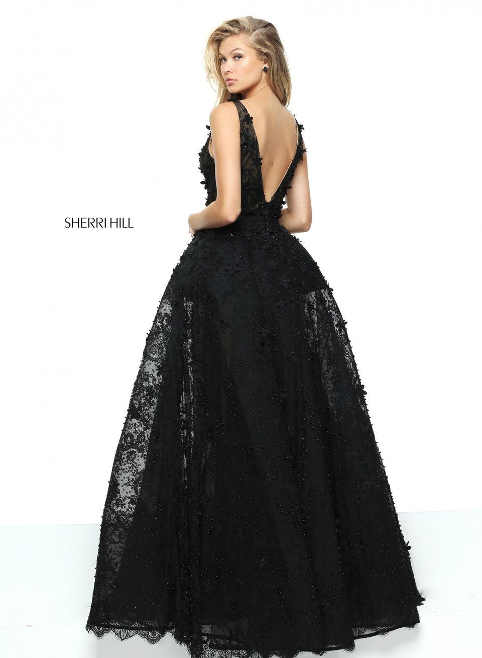 Sherri Hill Lace Ball Gown With Flower Appliques And A V-neck Bodice