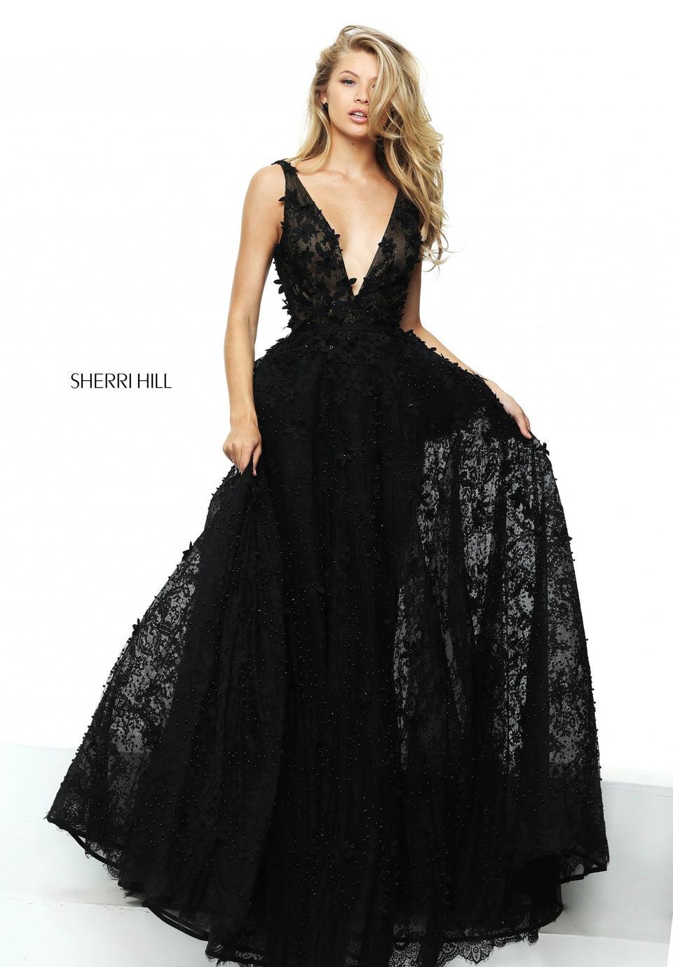 Sherri Hill Lace Ball Gown With Flower Appliques And A V-neck Bodice