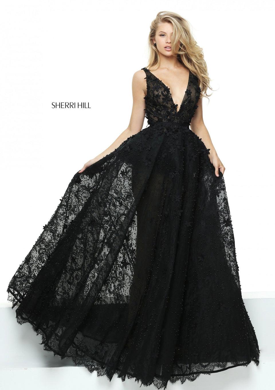 sherri hill Lace ball gown with flower appliques and a V-neck bodice