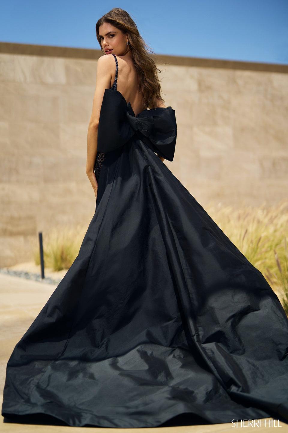 Sherri Hill Lace Beaded Fitted Gown With Deep V-neckline And Big Taffeta Bow