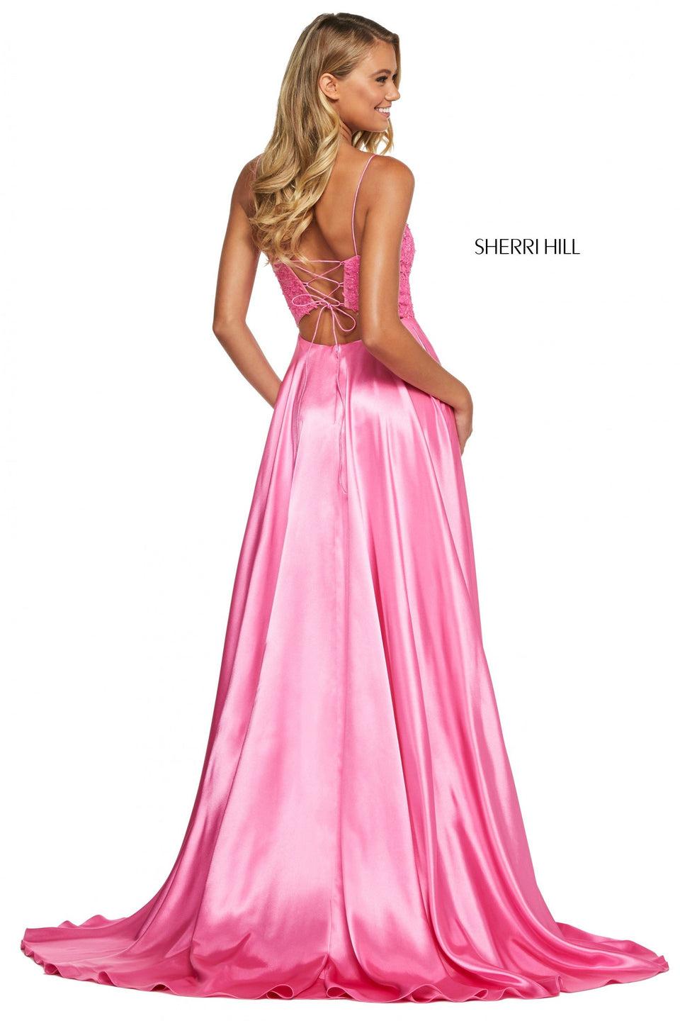 Sherri Hill Lace Bodice With Asymmetic Waistline And Cut Out Lace Up Back And Satin Slit Skirt