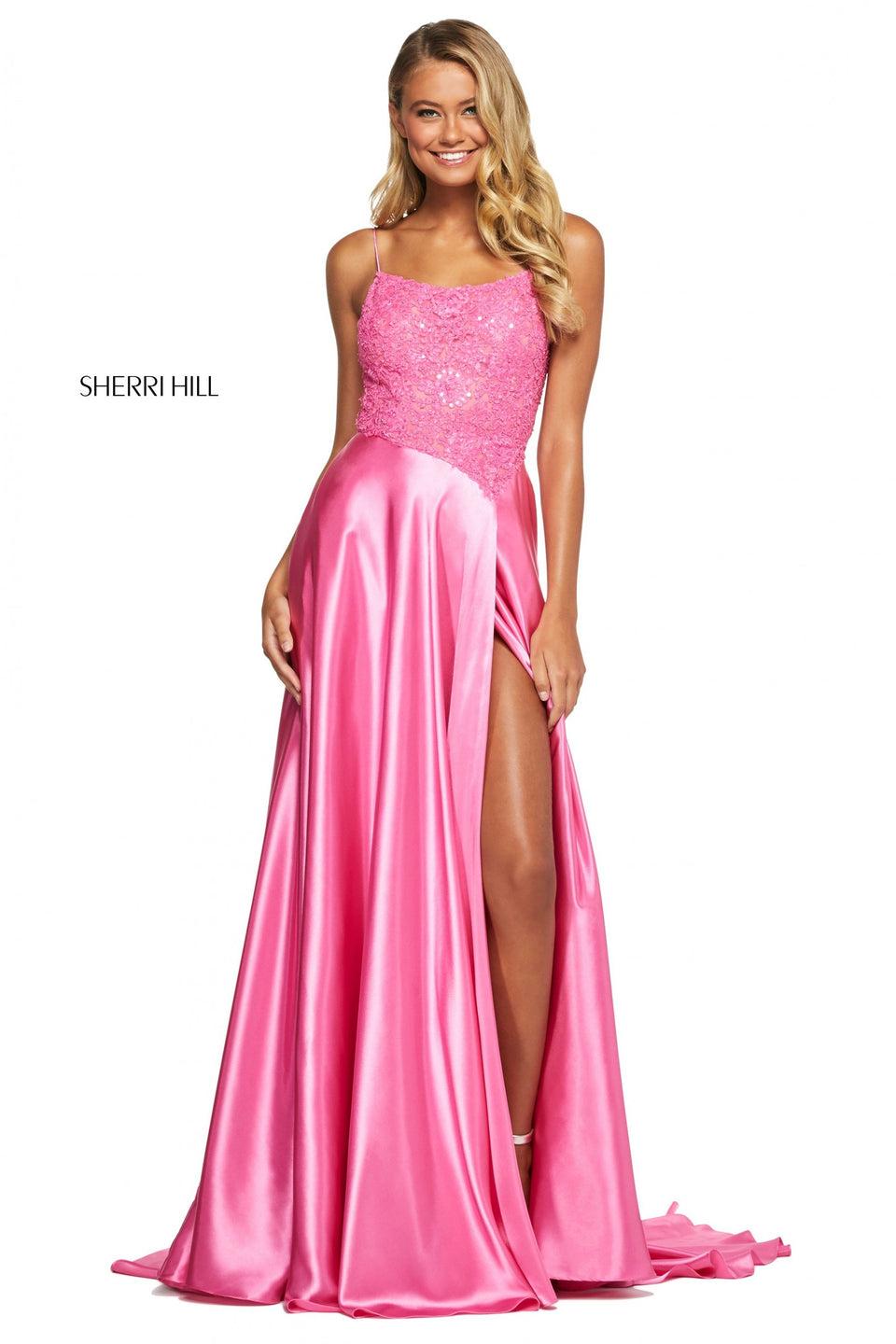 sherri hill Lace bodice with asymmetic waistline and cut out lace up back and satin slit skirt