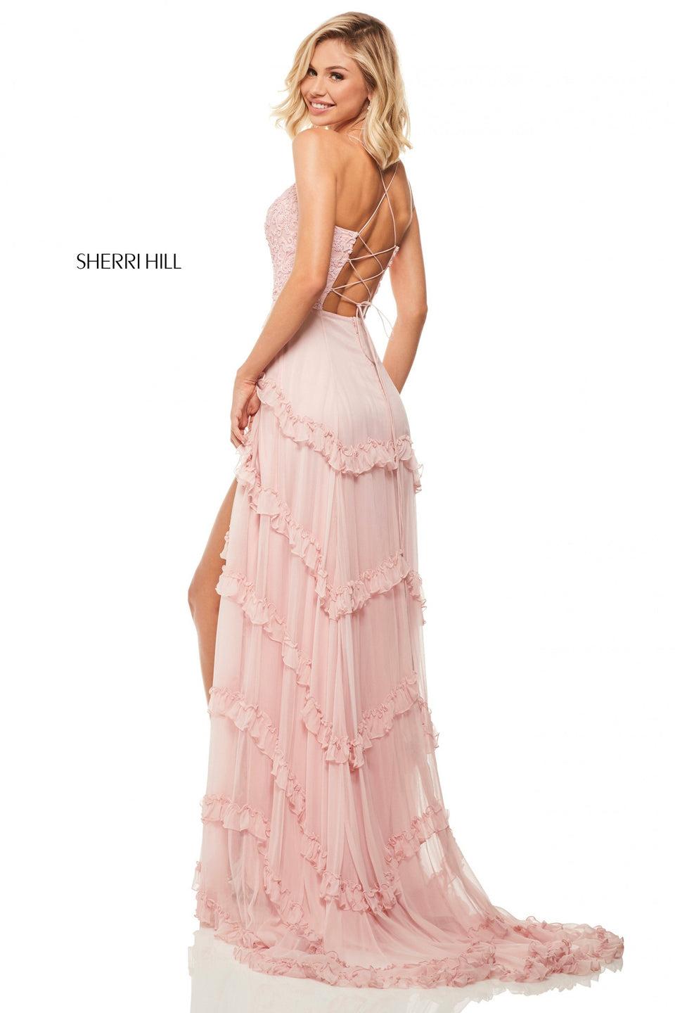 Sherri Hill Lace Bodice With Criss-cross Tie Back And Chiffon Skirt With Ruffles And Slit