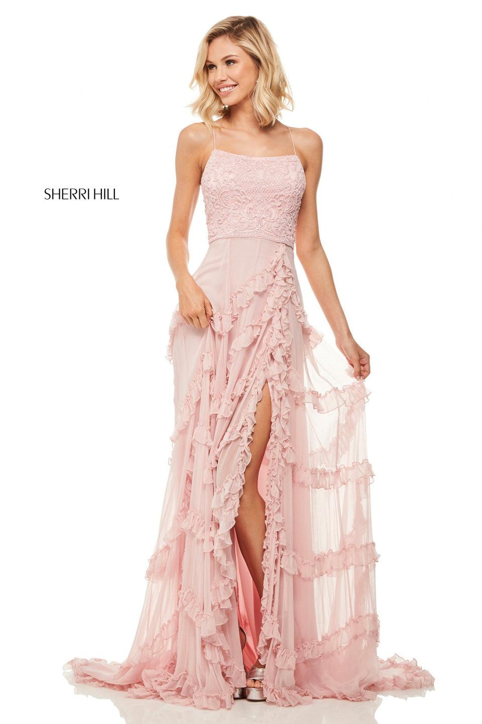 sherri hill Lace bodice with criss-cross tie back and chiffon skirt with ruffles and slit