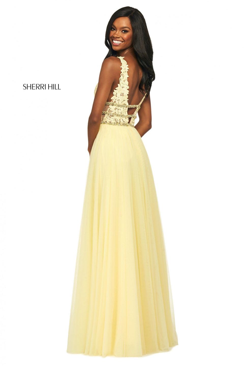 Sherri Hill Lace Bodice With Plunging Neckline Low Back Beaded Triple Waistband And Chiffon Skirt