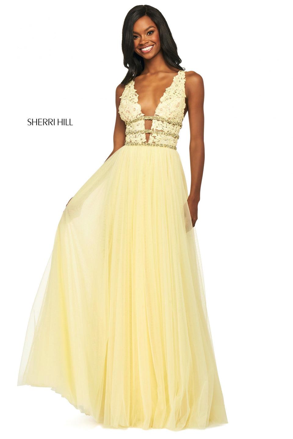 sherri hill Lace bodice with plunging neckline low back beaded triple waistband and chiffon skirt