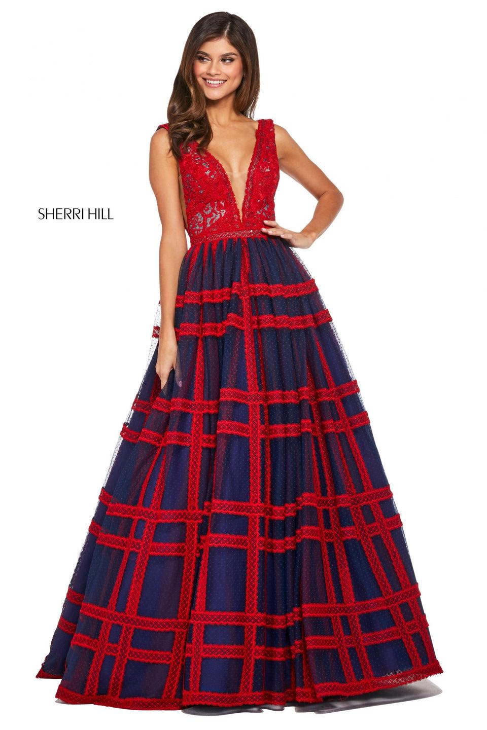 Sherri Hill Lace Bodice With Plunging Neckline Point D'esprit Skirt With Lace Checkered Trim