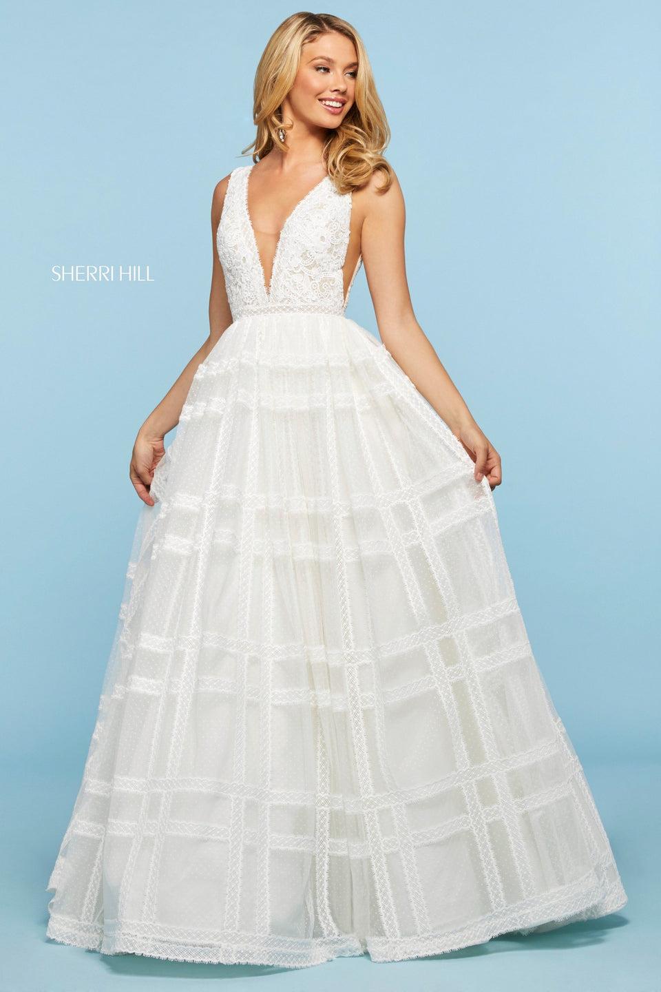 sherri hill Lace bodice with plunging neckline point d'esprit skirt with lace checkered trim