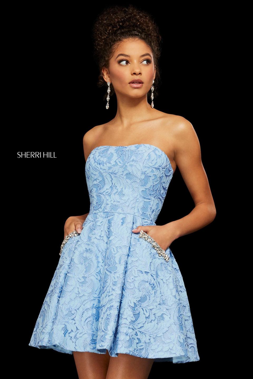 Sherri Hill Lace Cocktail Length A-line Dress With Strapless Neckline And Jewel Encrusted Pockets