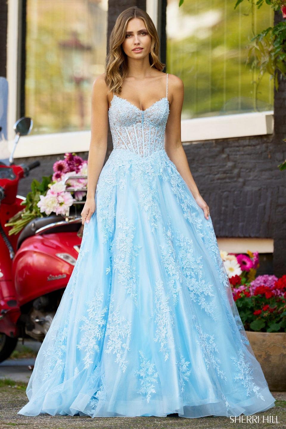 Sherri Hill Lace Corset Ball Gown With Sweetheart Neckline Spaghetti Straps And Lace Up Back