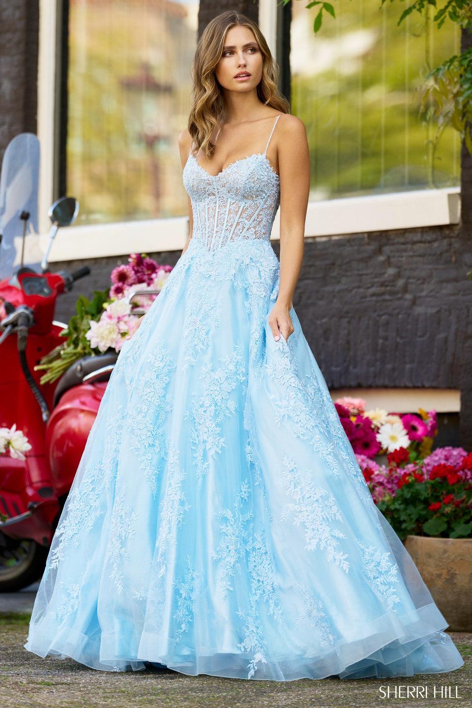 sherri hill Lace corset ball gown with sweetheart neckline spaghetti straps and lace up back