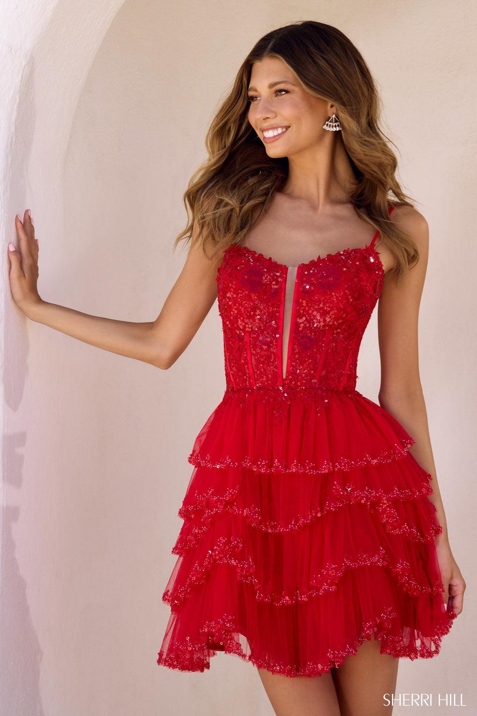 sherri hill Lace corset beaded cocktail dress with ruffle tulle skirt slit