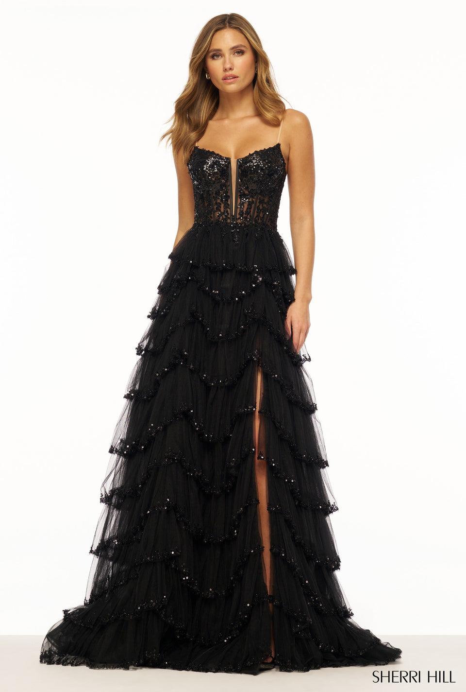 Sherri Hill Lace Corset Beaded Gown With Ruffle Tulle Skirt Slit