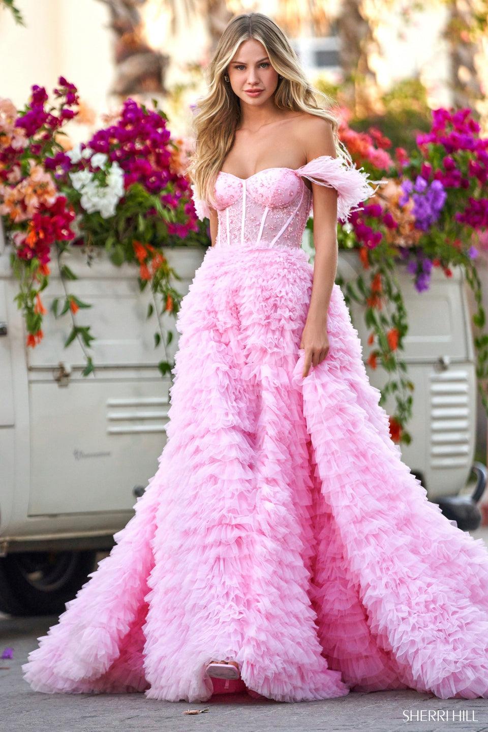 Sherri Hill Lace Corset Bodice With Off The Shoulder Ostrich Feathers Ruffle Ballgown With Slit Skirt