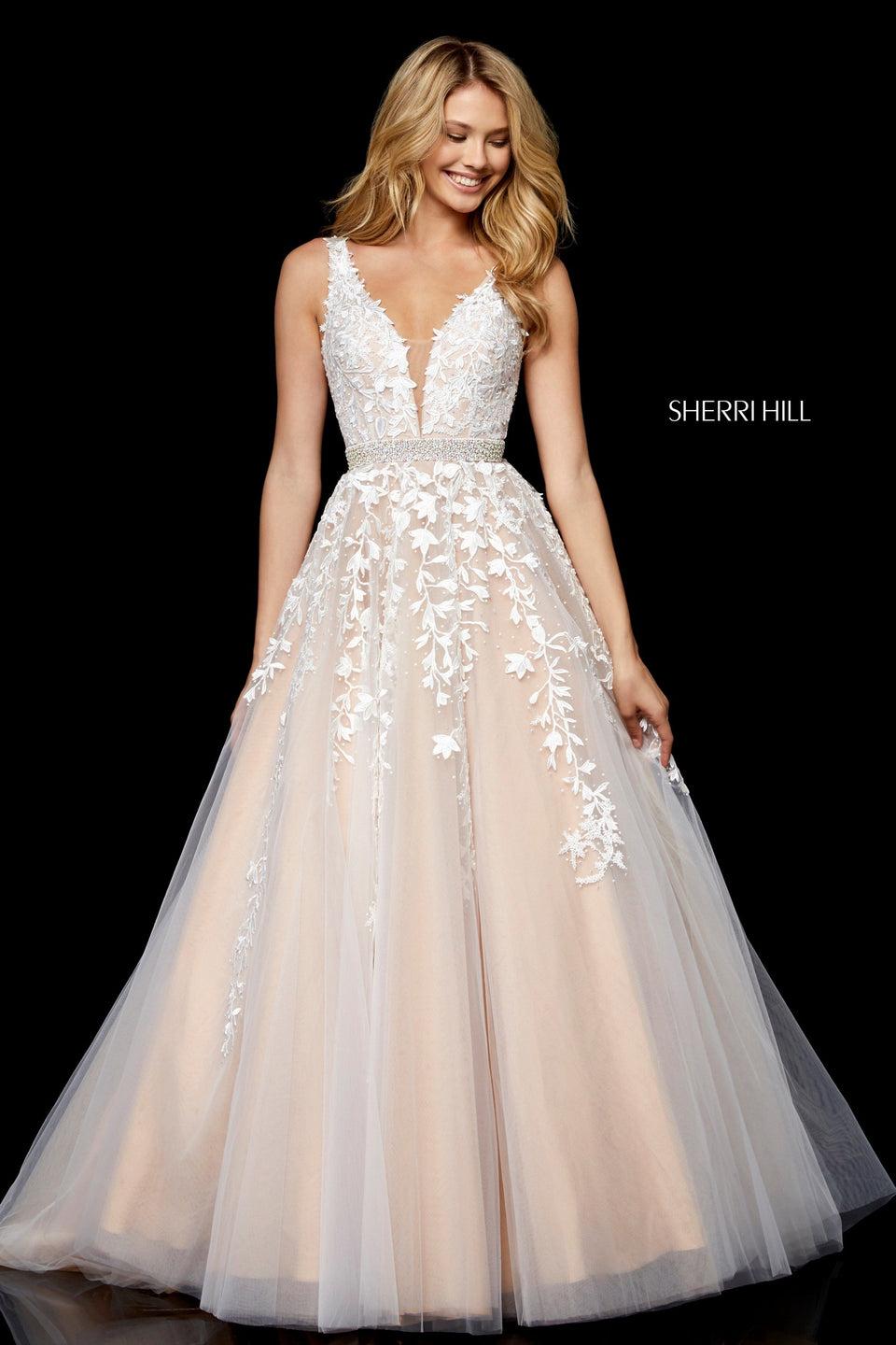 Sherri Hill Lace Deep V Bodice With Tulle Ball Gown Skirt And Beaded Belt