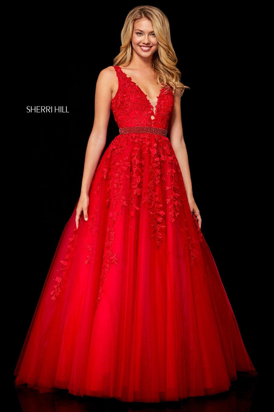 sherri hill Lace deep V bodice with tulle ball gown skirt and beaded belt
