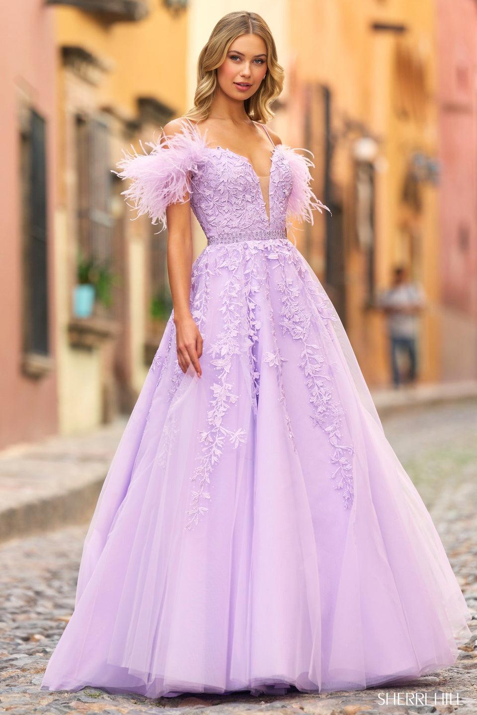 sherri hill Lace deep V bodice with tulle ball gown skirt beaded belt and feathered sleeves