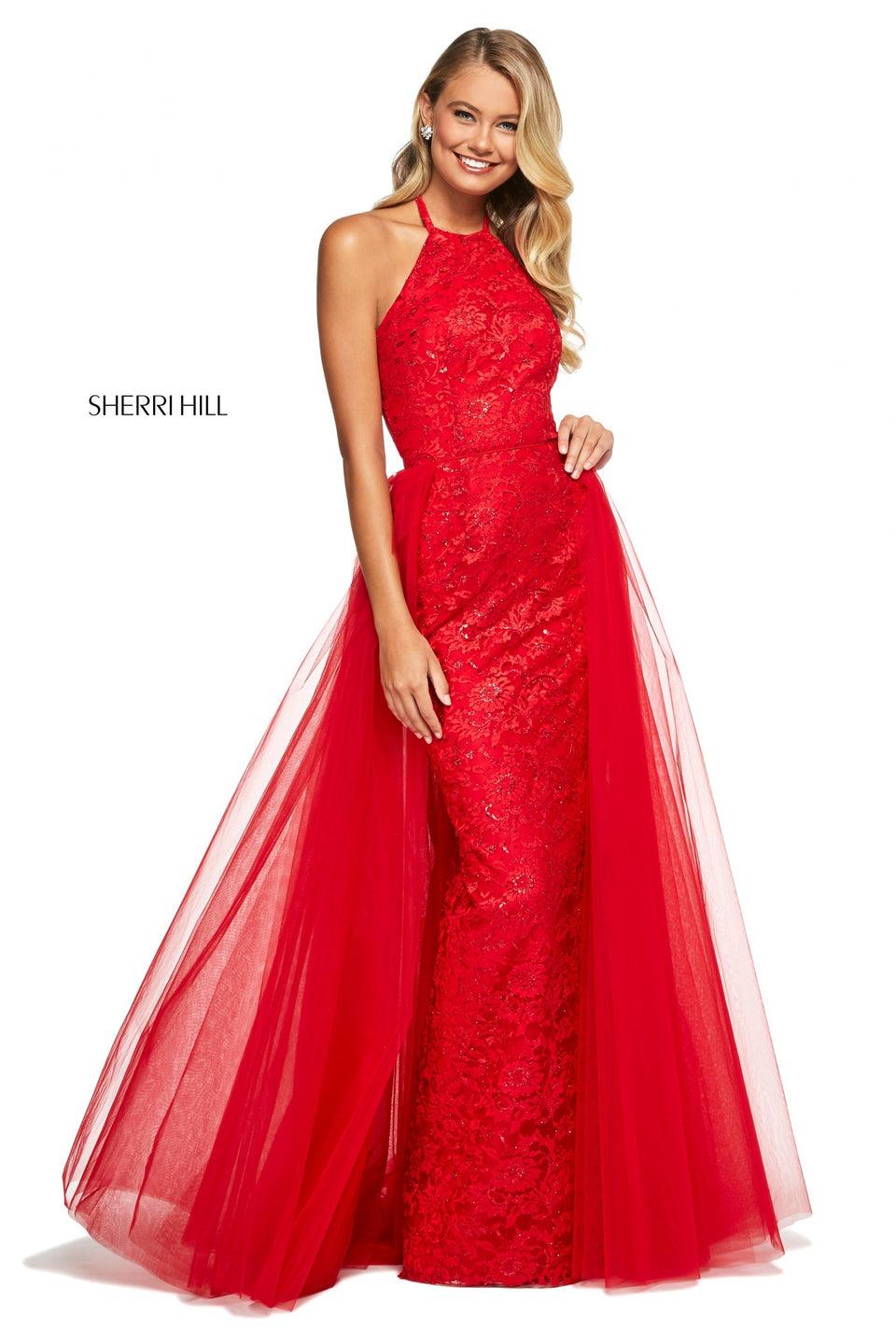 sherri hill Lace dress with halter top neckline and tulle overskirt