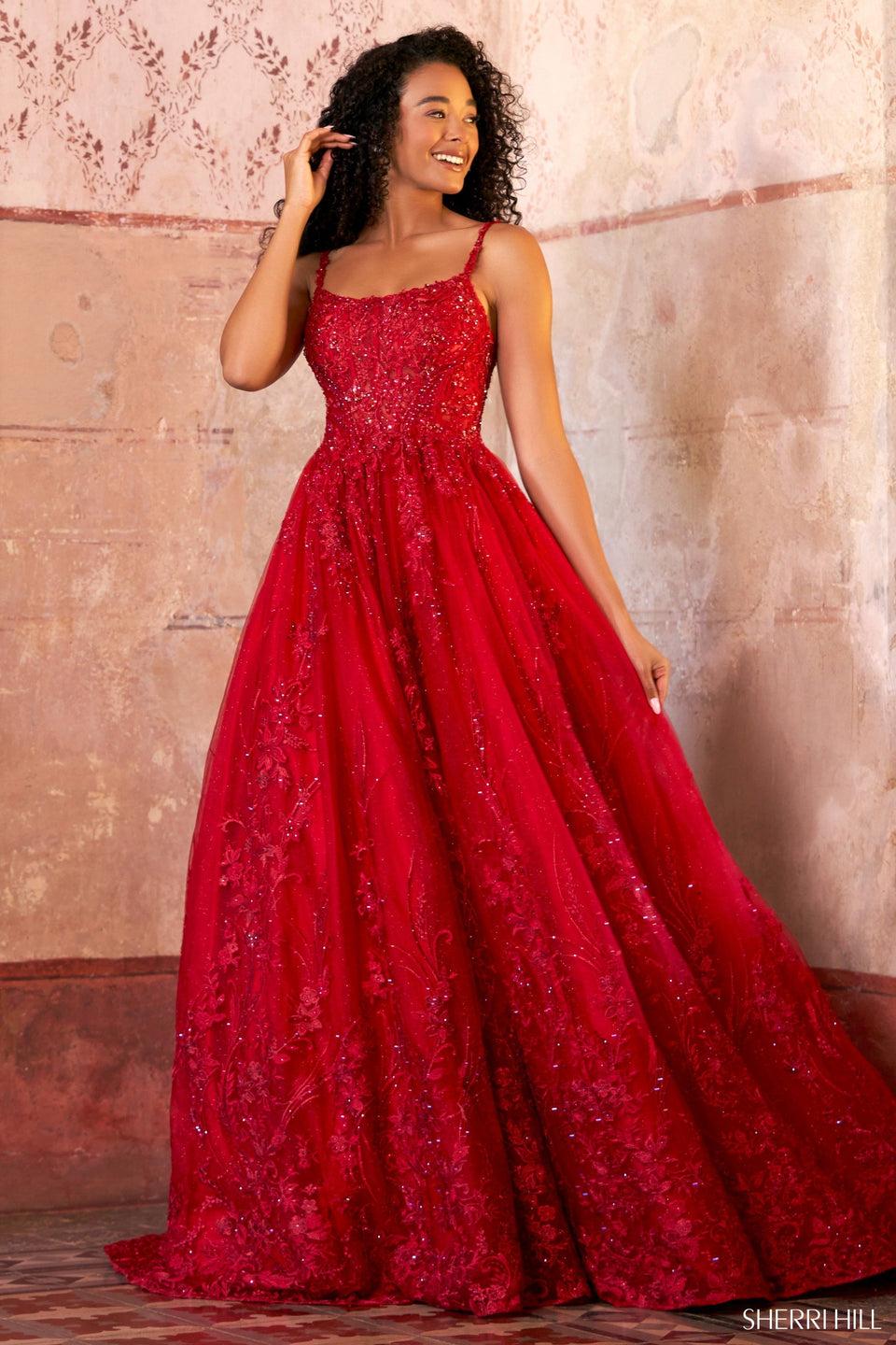 sherri hill Lace embellished ballgown with lace up back