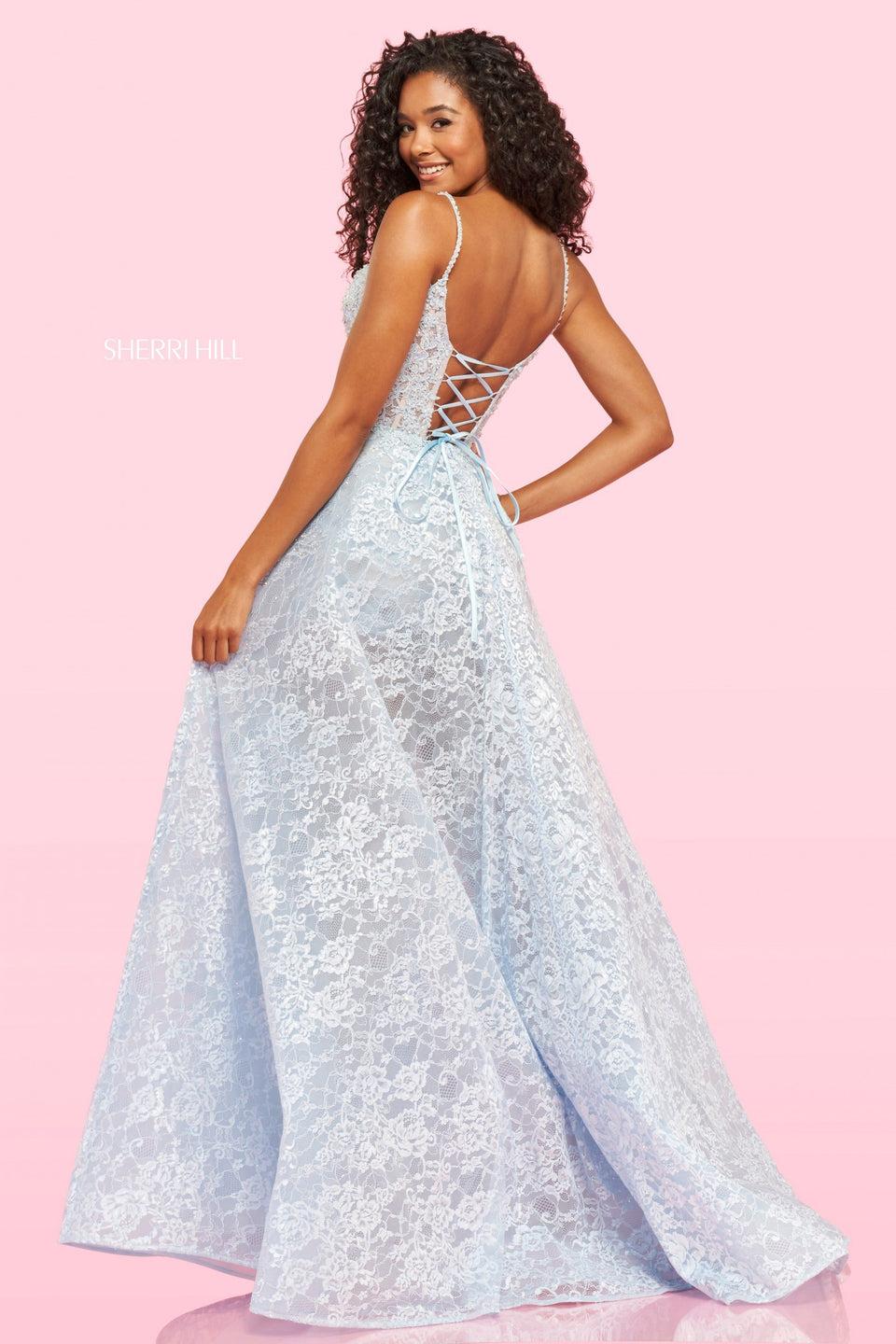 Sherri Hill Lace Embroidered Ball Gown With Deep V Neckline Crochet Style Lace Up Back And Laced Under Shorts