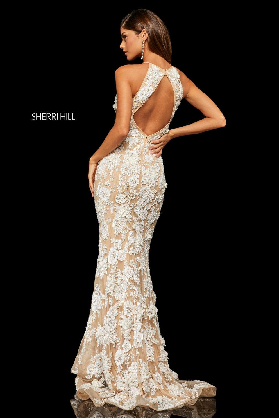 Sherri Hill Lace Embroidered High-neck Open-back Sheath Gown With Beading And 3D Flower Detailing