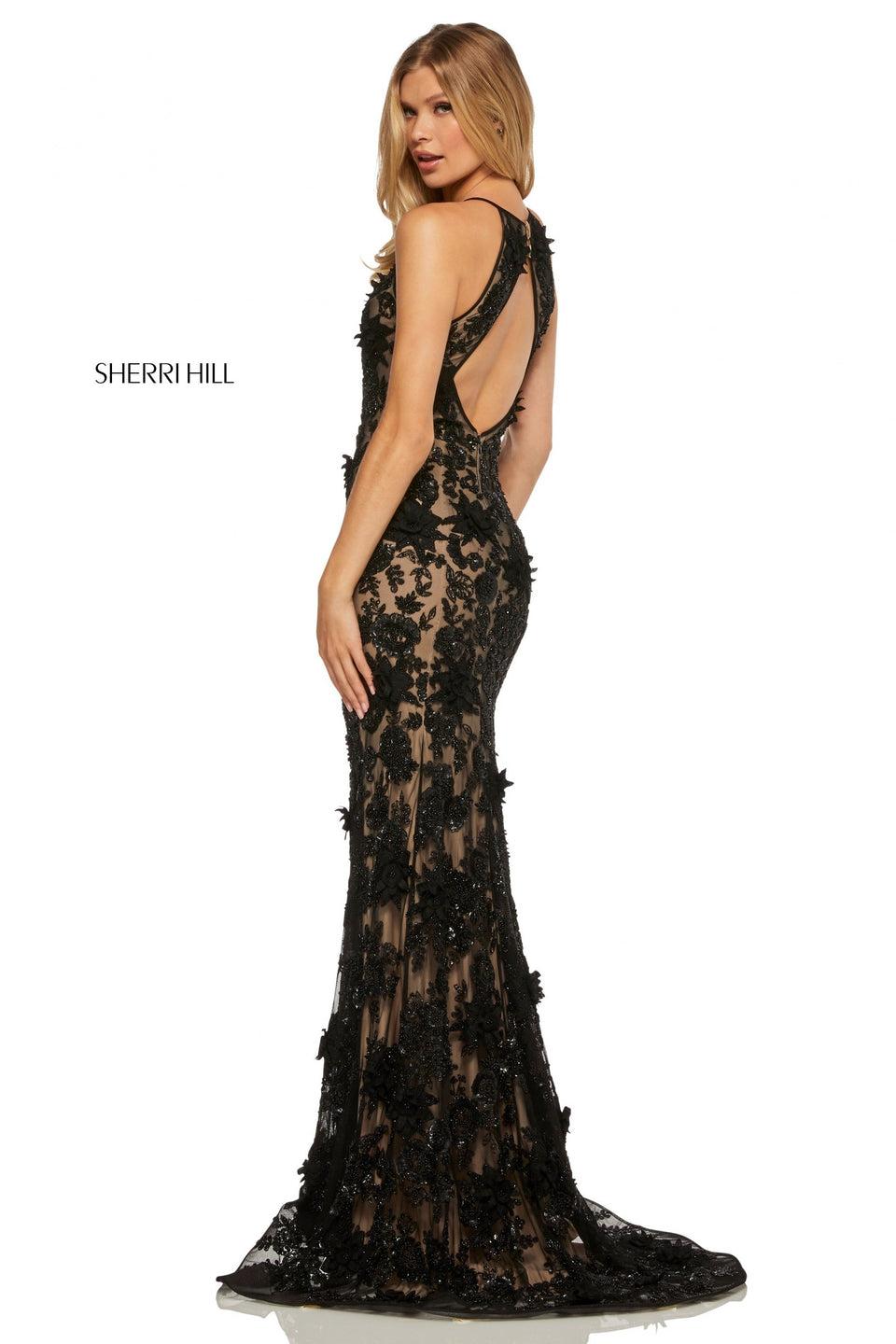 Sherri Hill Lace Embroidered High-neck Open-back Sheath Gown With Beading And 3D Flower Detailing