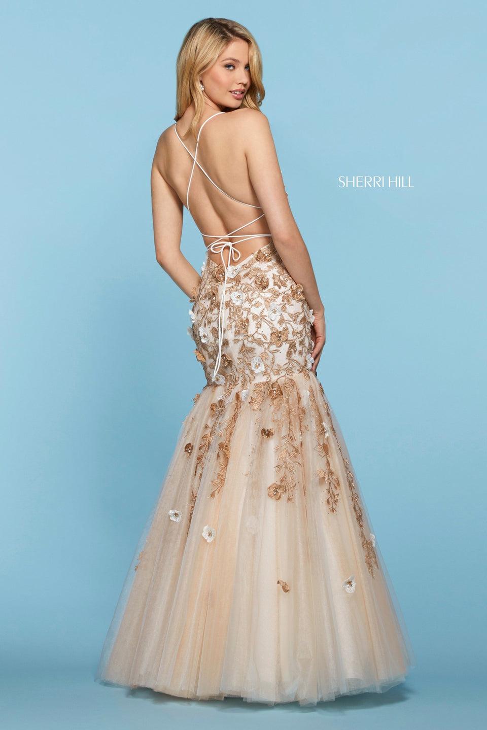 sherri hill Lace embroidered mermaid dress with embellished flower appliques tulle skirt and strappy lace up back