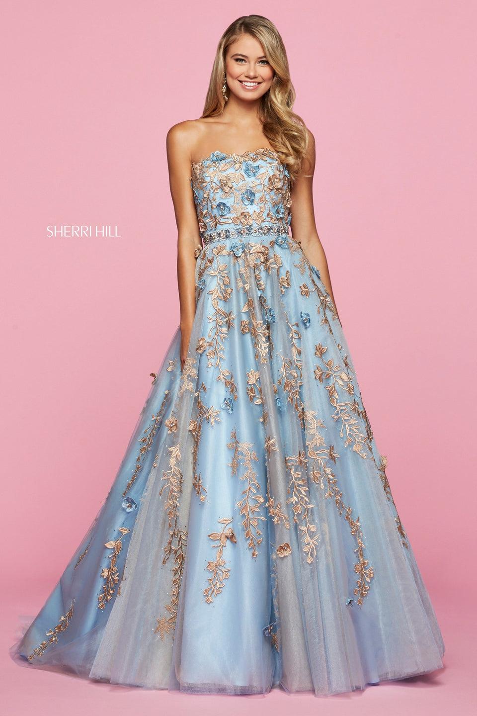 Sherri Hill Lace Embroidered Tulle Ball Gown With Embellished Flower Appliques Strapless Neckline And Beaded Belt