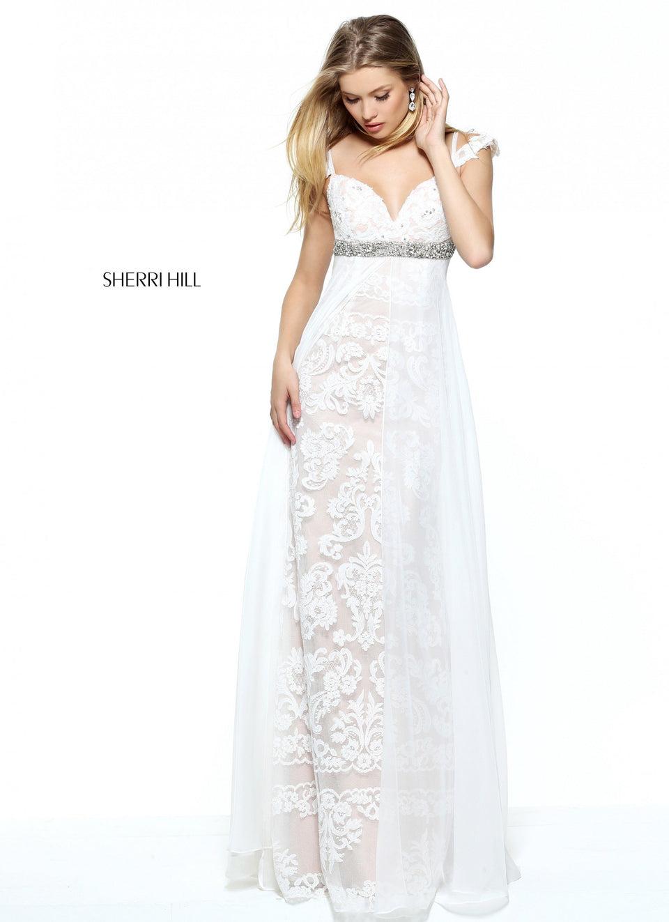 sherri hill Lace empire waist column with a chiffon over skirt