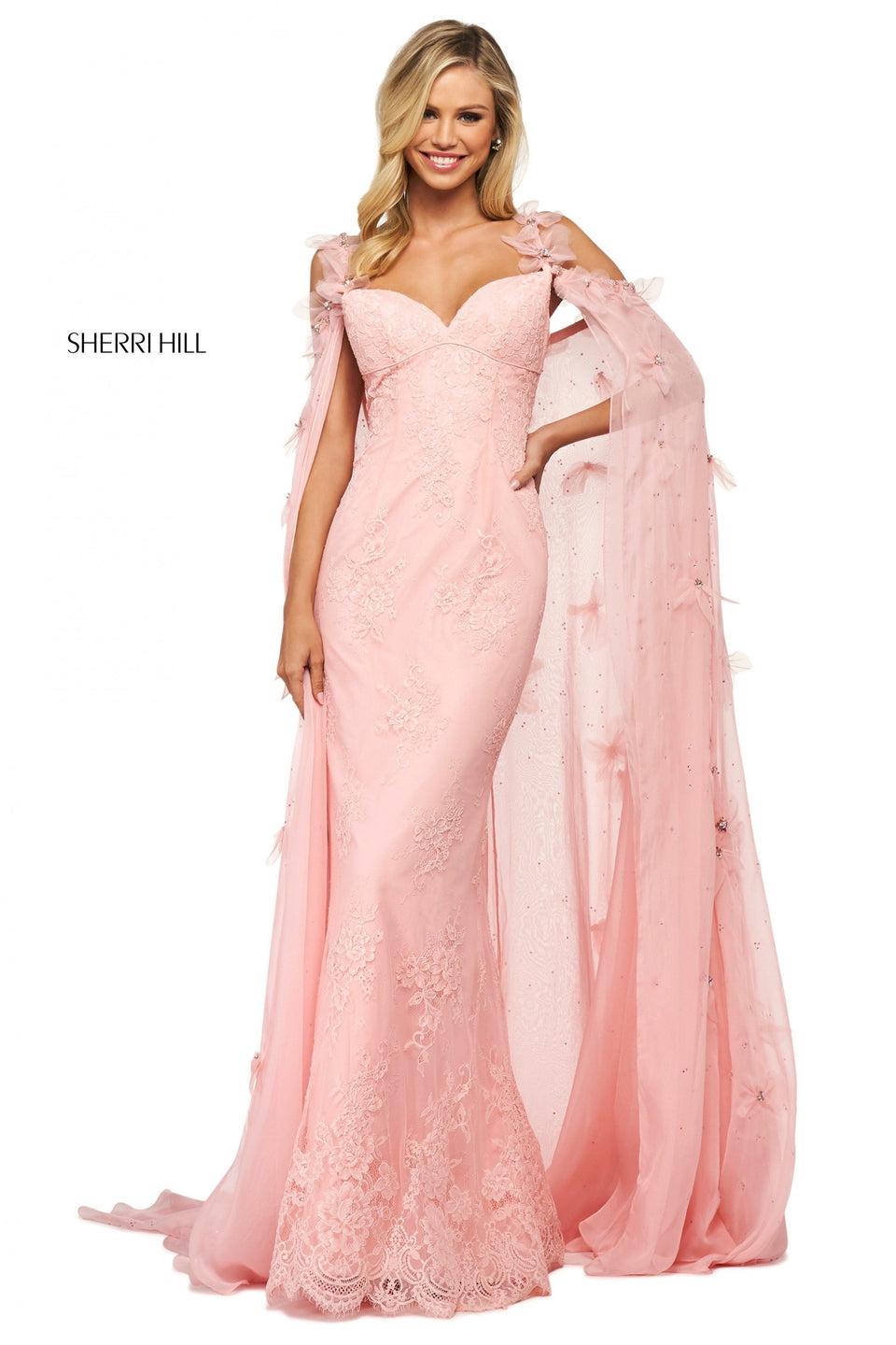 Sherri Hill Lace Gown With Sweetheart Neckline And Beaded Organza Cape With Flower Appliques