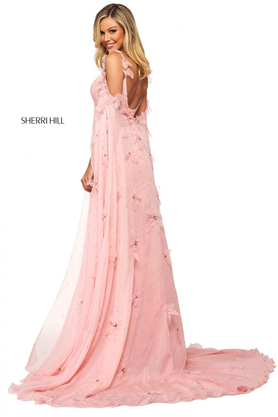 Sherri Hill Lace Gown With Sweetheart Neckline And Beaded Organza Cape With Flower Appliques